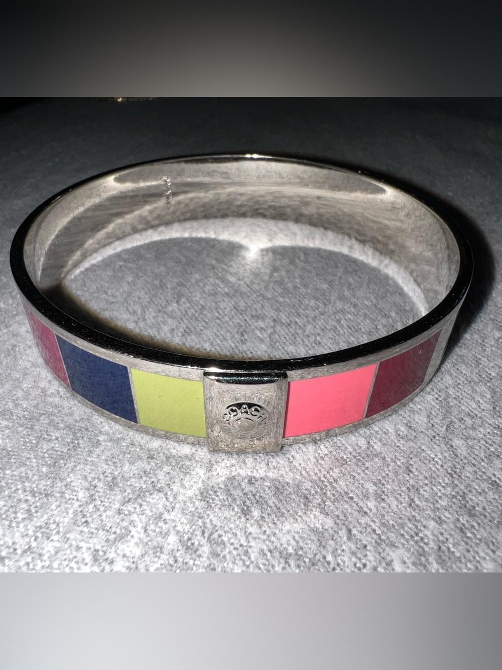 Coach Legacy Multi-Colored Stripe Silver Bangle Bracelet